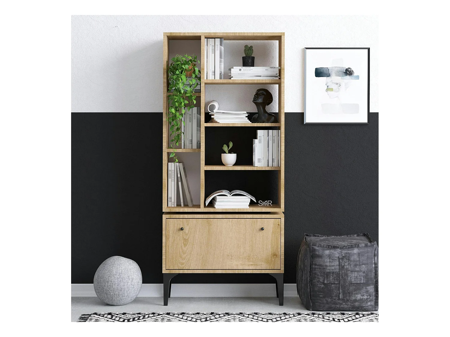 Bibliothèque salon effet bois clair multi-rangements JENA