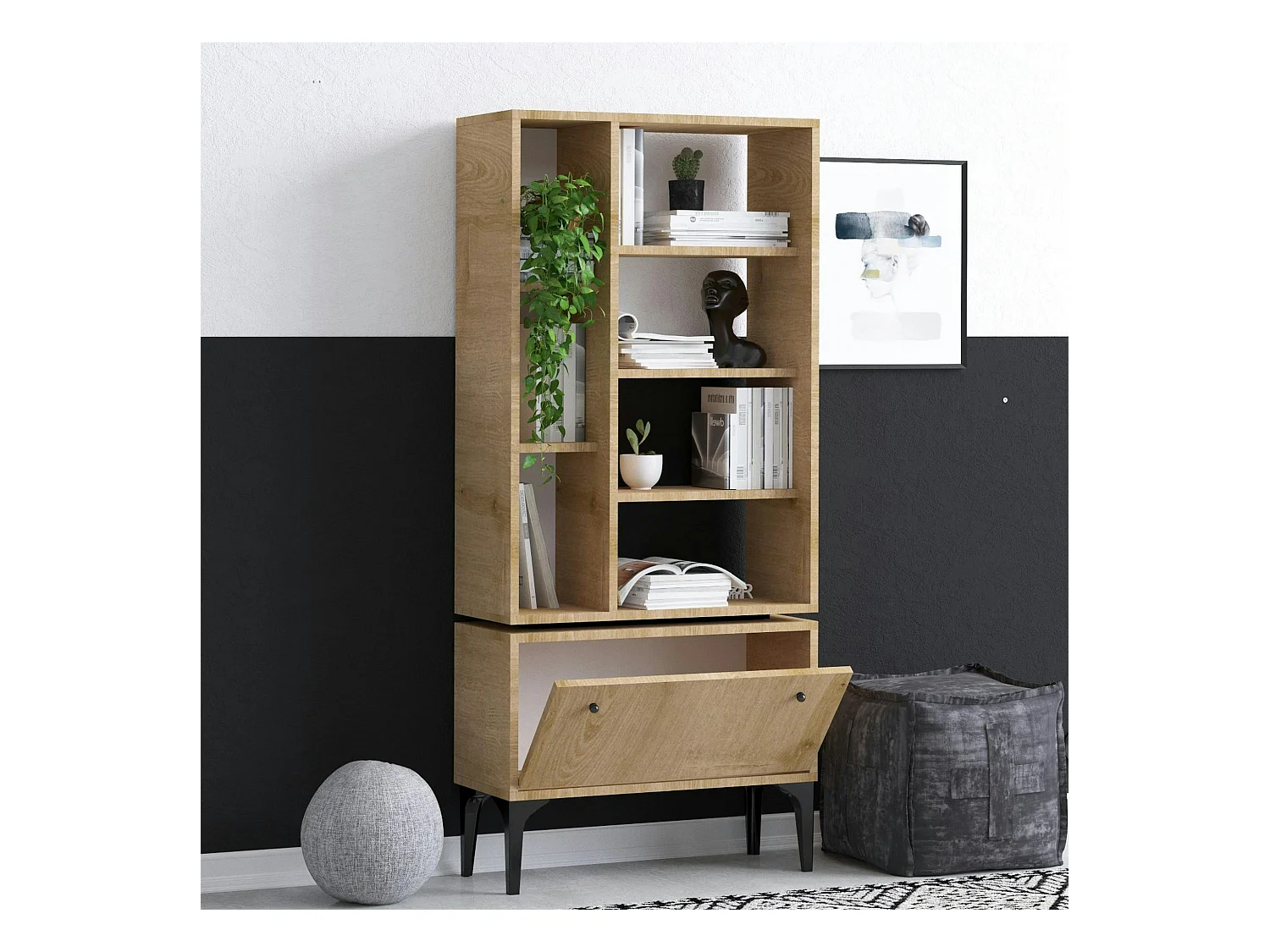 Bibliothèque salon effet bois clair multi-rangements JENA