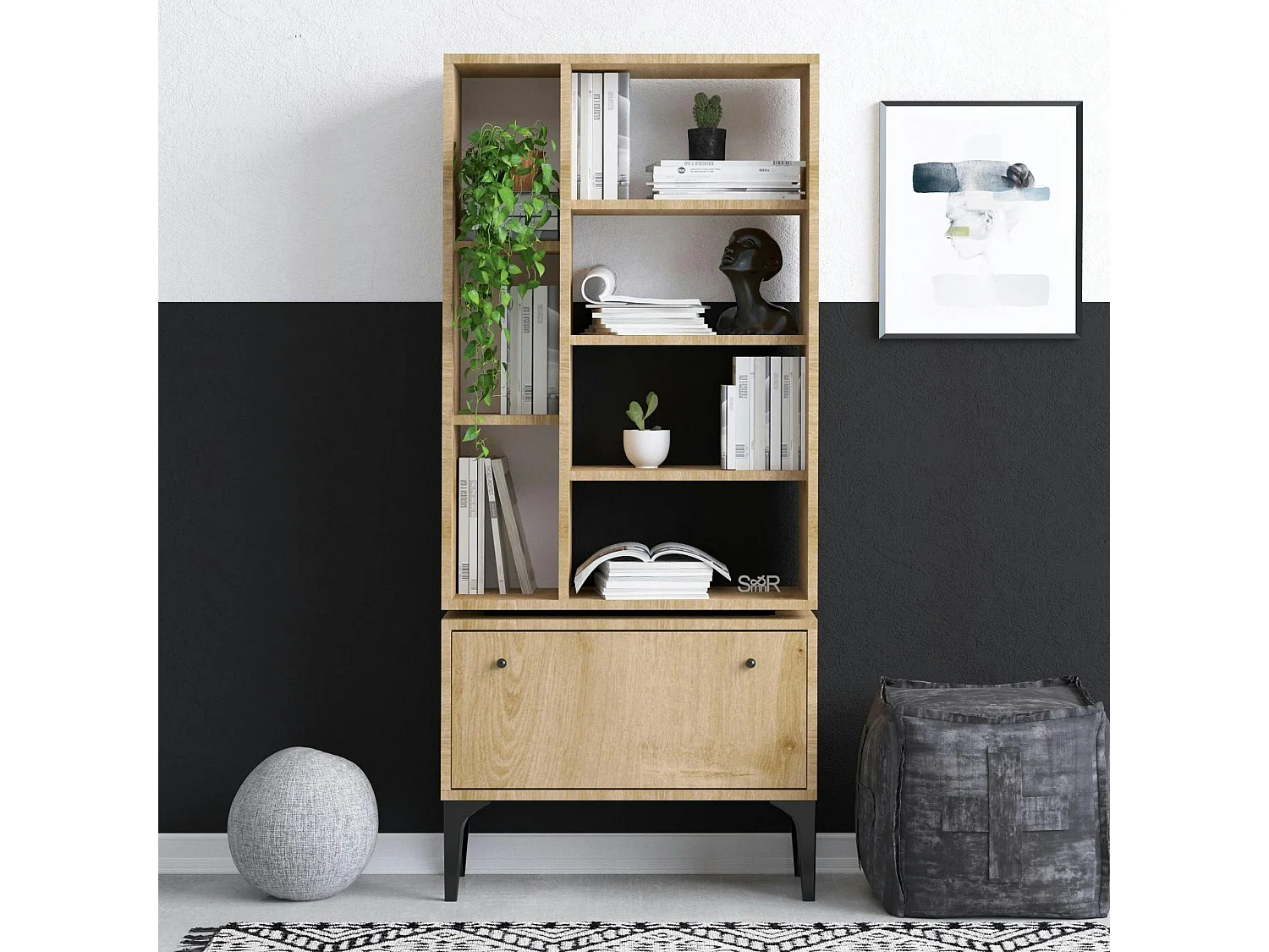 Bibliothèque salon effet bois clair multi-rangements JENA