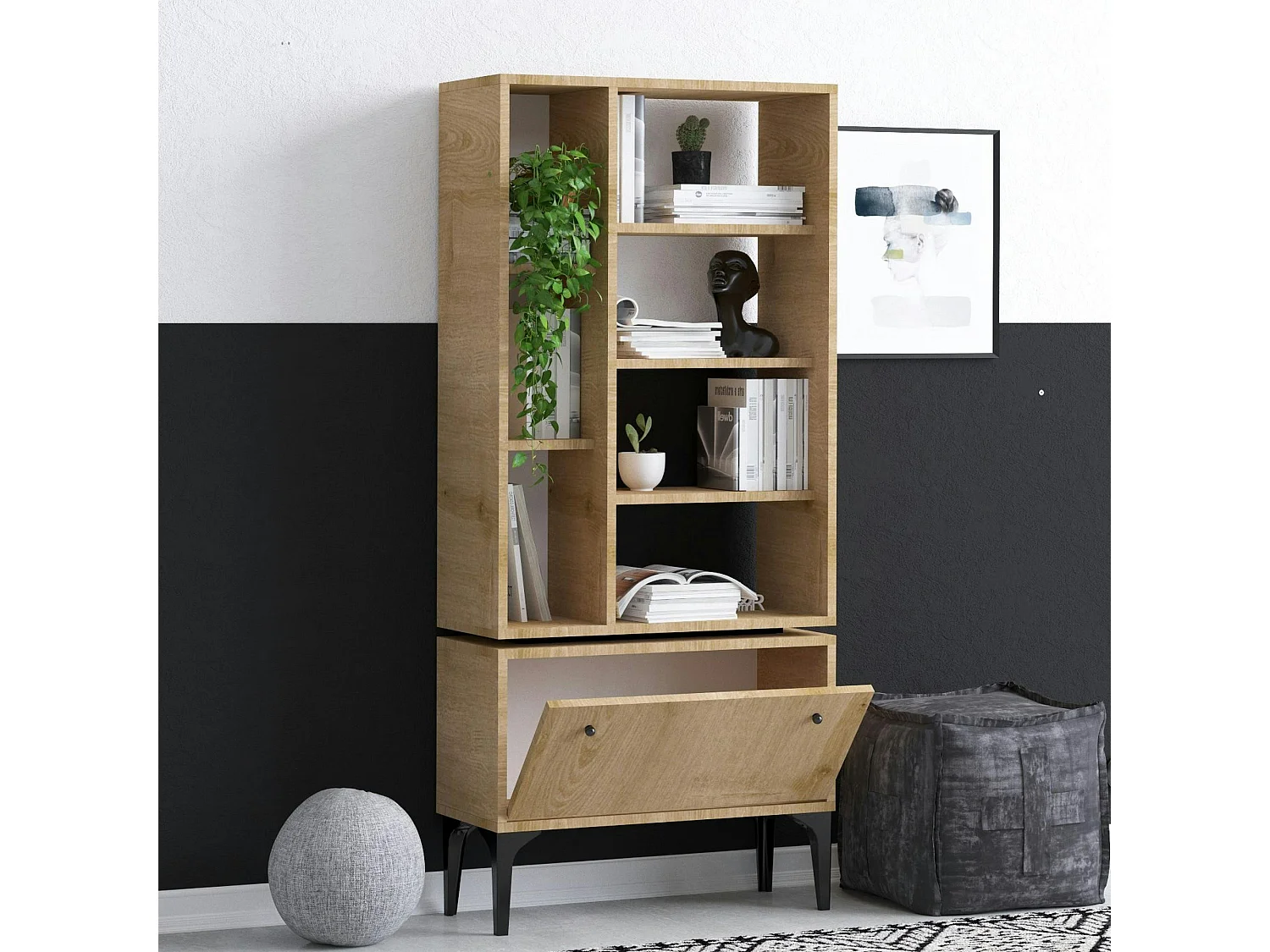 Bibliothèque salon effet bois clair multi-rangements JENA