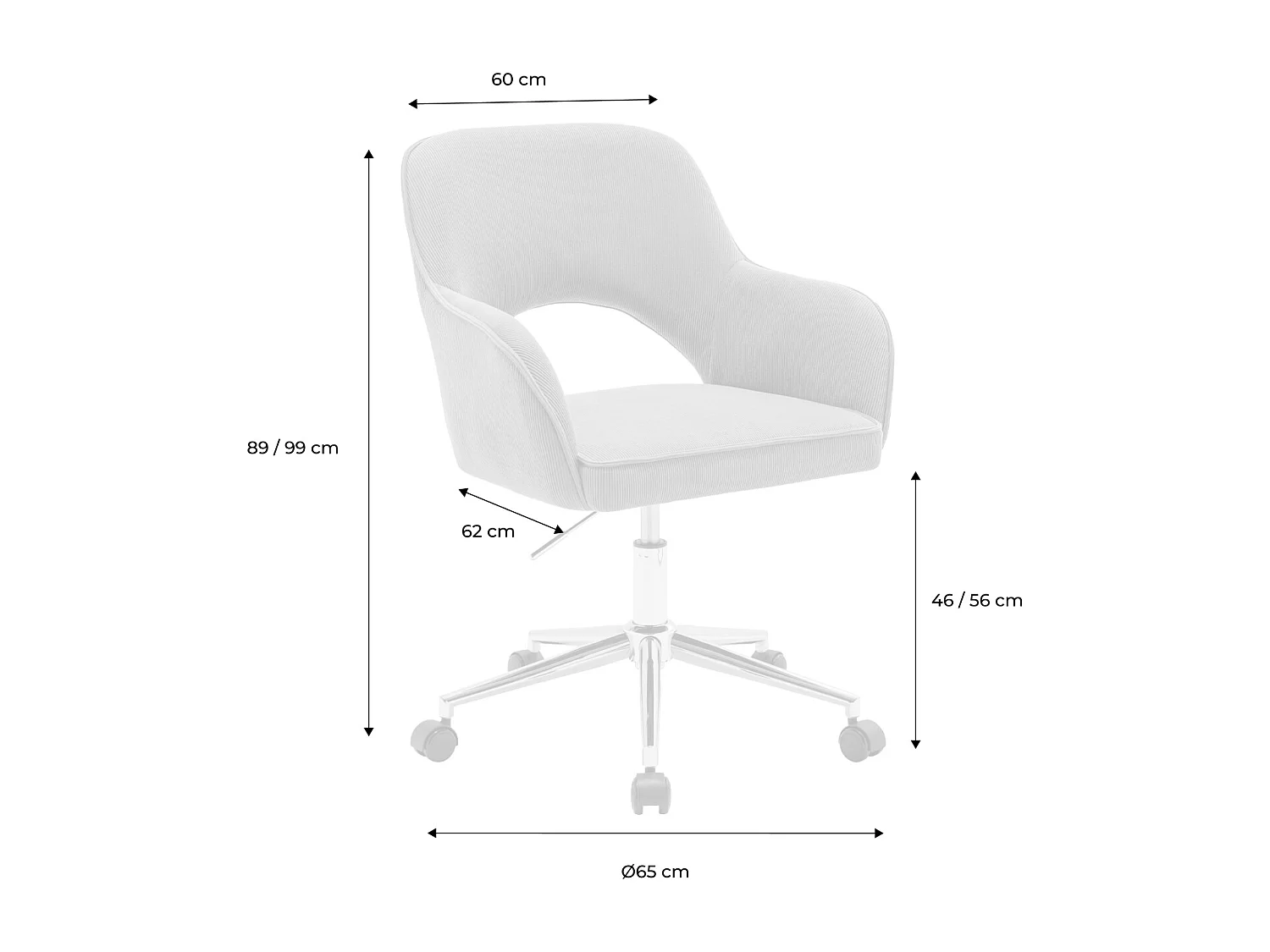 Chaise de bureau à roulettes velours côtelé taupe piétement chromé. L 60 x P 62 x H 89 / 99cm