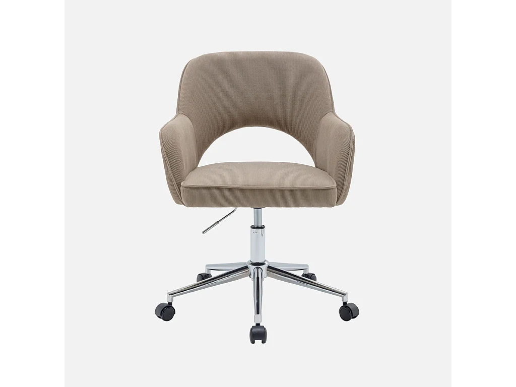 Chaise de bureau à roulettes velours côtelé taupe piétement chromé. L 60 x P 62 x H 89 / 99cm