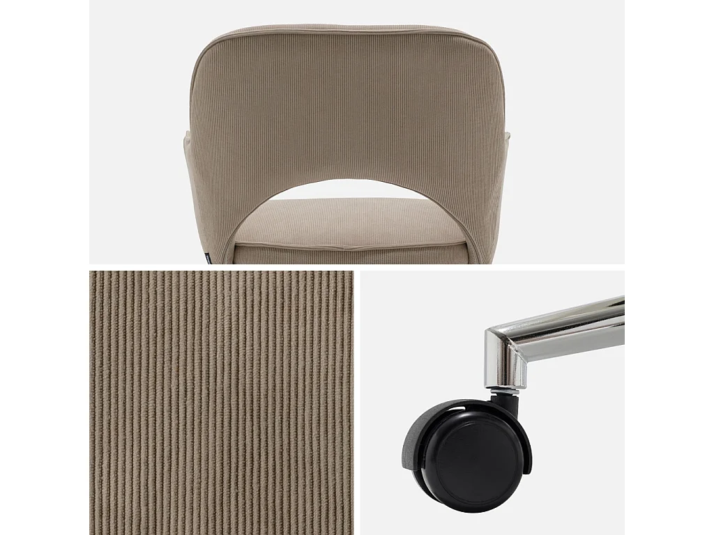 Chaise de bureau à roulettes velours côtelé taupe piétement chromé. L 60 x P 62 x H 89 / 99cm