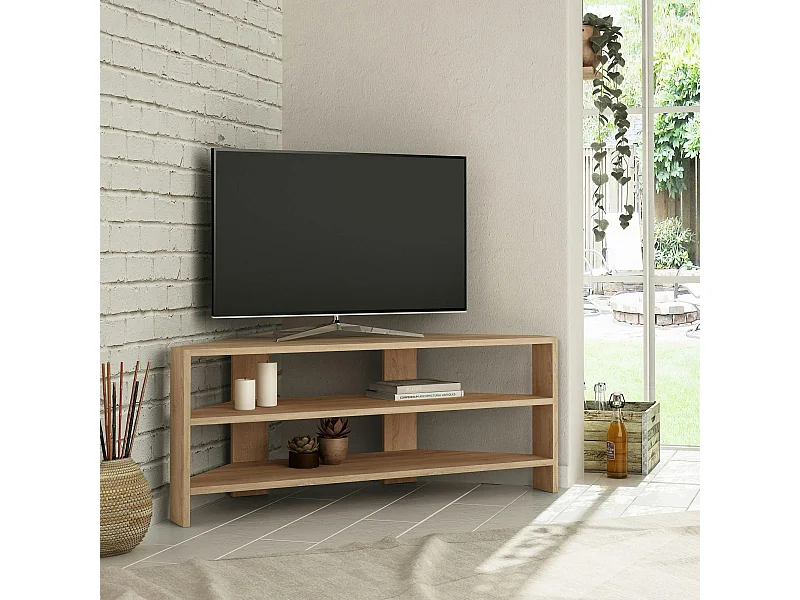 Meuble TV d'angle rangements ouverts - effet bois clair MARFA