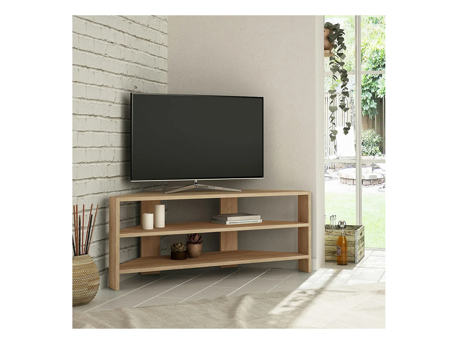 Meuble TV d'angle rangements ouverts - effet bois clair MARFA