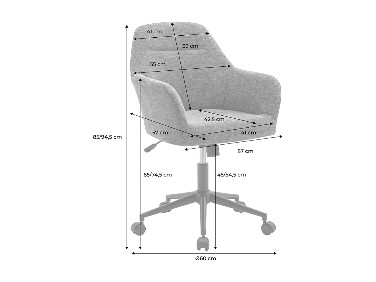 Chaise de bureau à roulettes ajustable métal et bouclette blanche - L 57 x P 57 x H 85/94.5cm - Stan