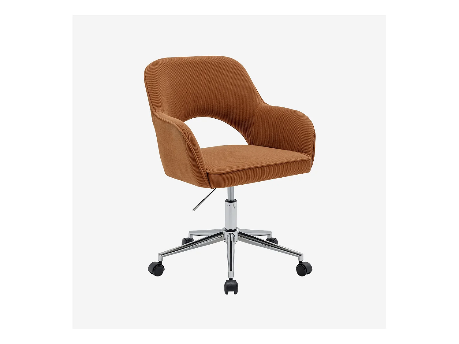 Sedia da ufficio a rotelle velluto a coste base cromata, camel