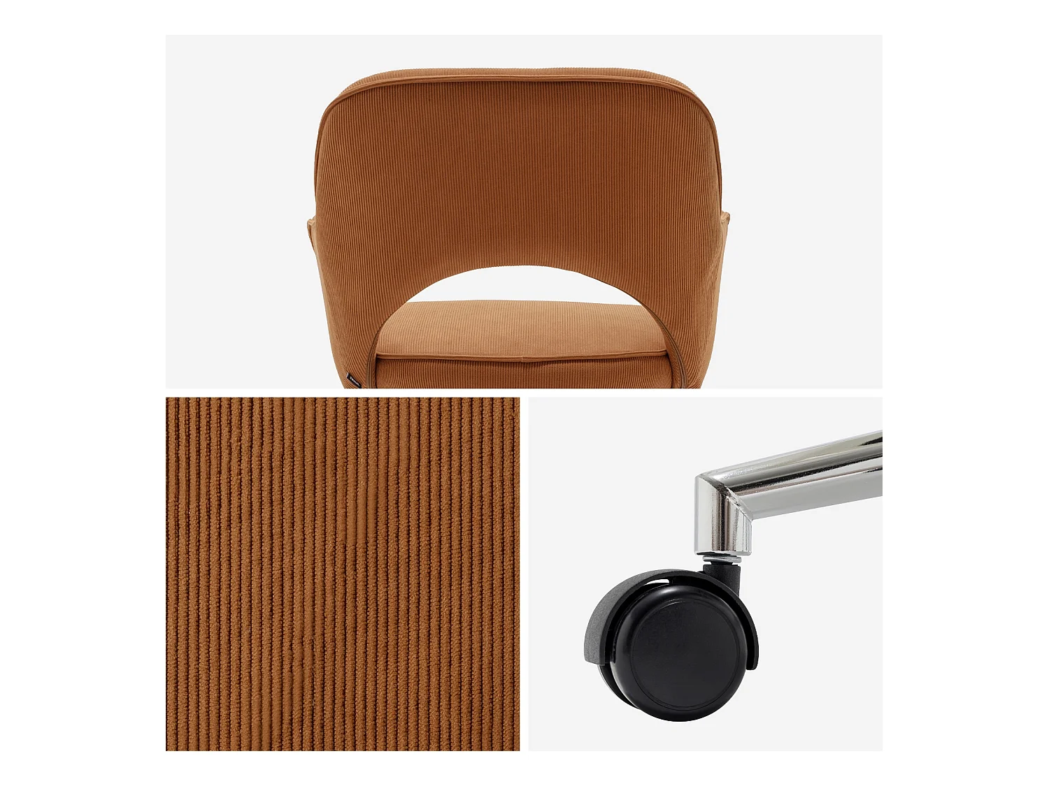 Sedia da ufficio a rotelle velluto a coste base cromata, camel