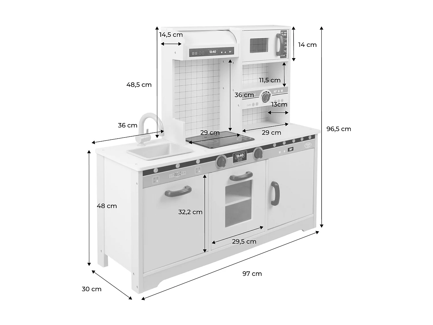 Cuisine en bois jaune pour enfant 3 portes - L 97.2 x P 30 x H 97 cm - Lolly
