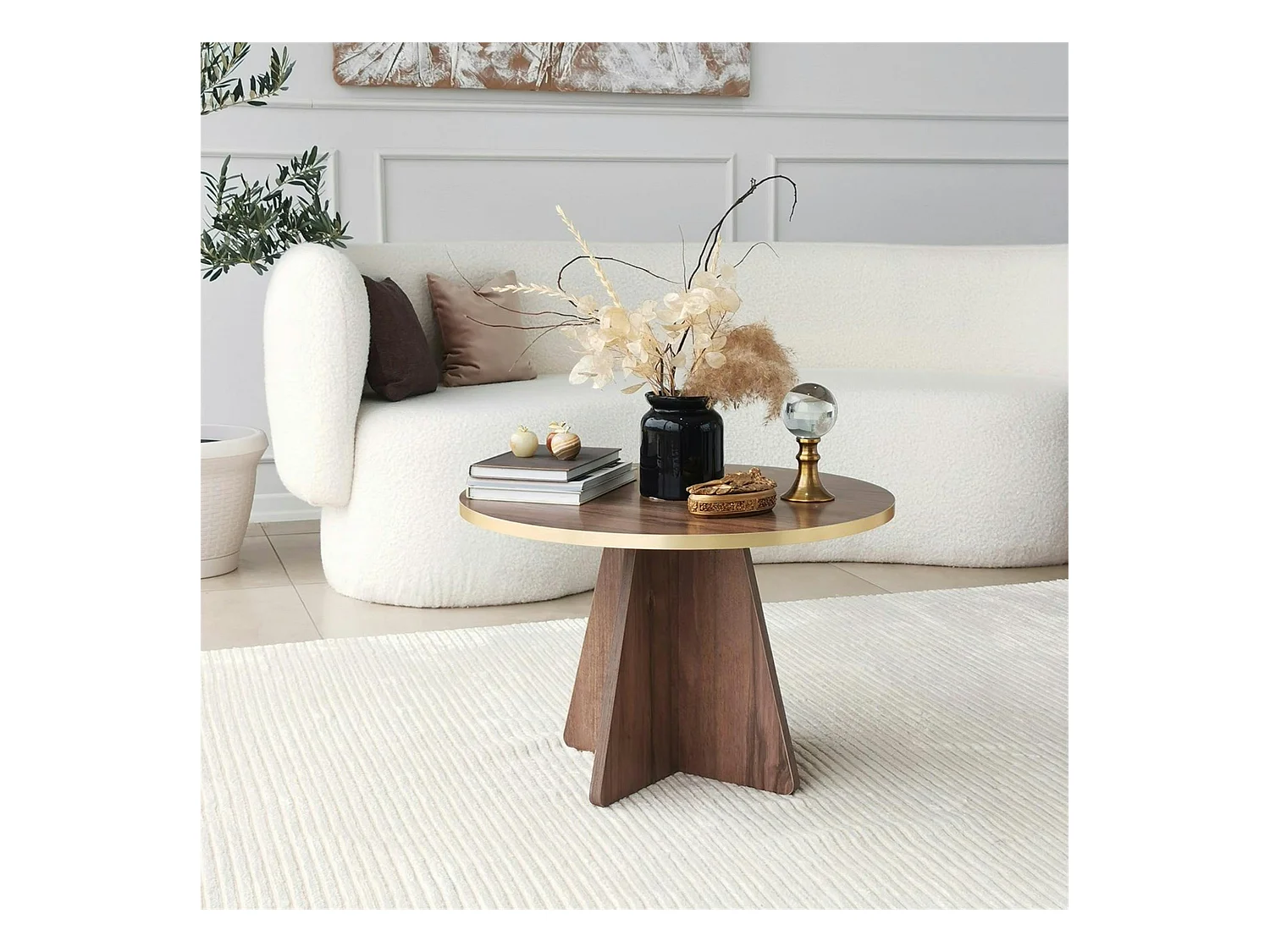 Table basse ronde effet noyer & pieds trapèze MARFA