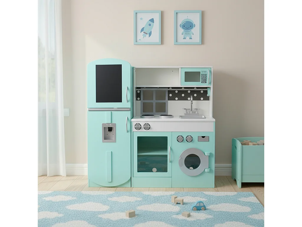 Cuisine modulable en bois pour enfant 3 portes avec frigo bleu - L 100 x P 29 x H 94.5 cm - Fizzy