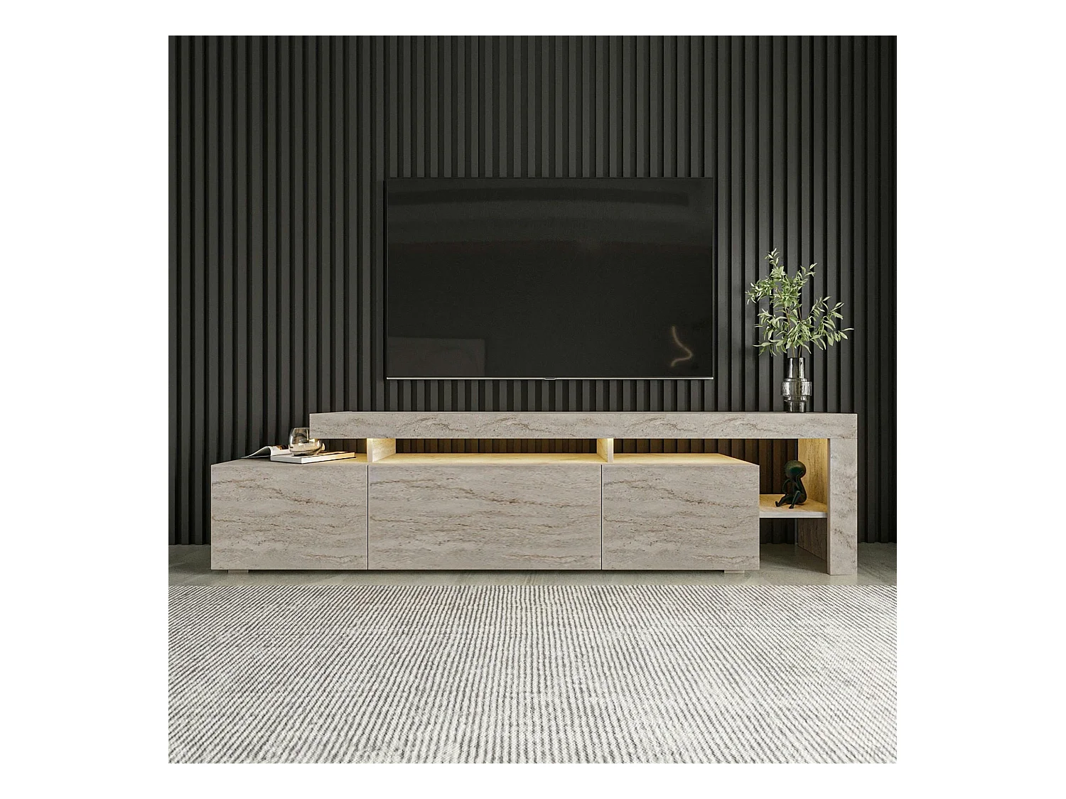 Meuble TV design effet travertin - 3 portes, niches MARFA