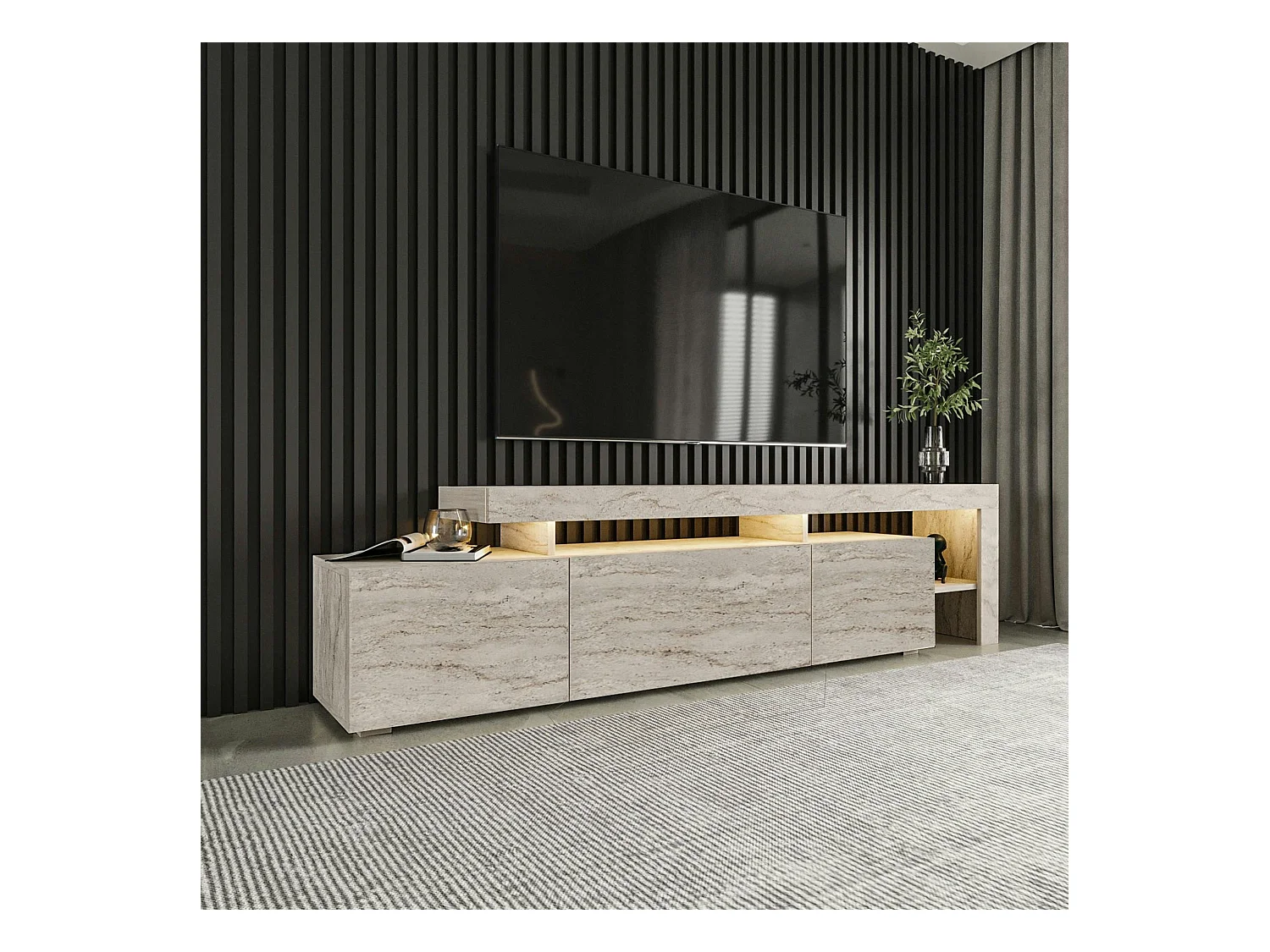 Meuble TV design effet travertin - 3 portes, niches MARFA