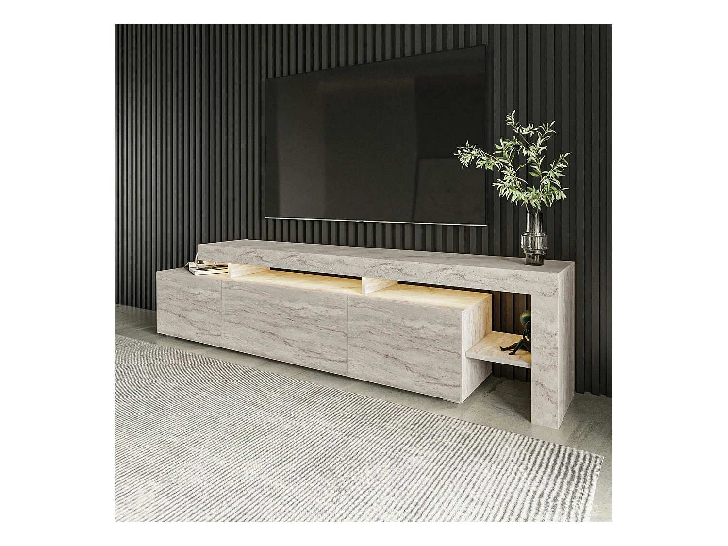 Meuble TV design effet travertin - 3 portes, niches MARFA