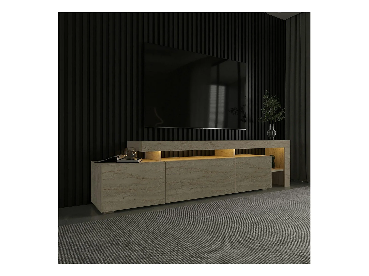 Meuble TV design effet travertin - 3 portes, niches MARFA