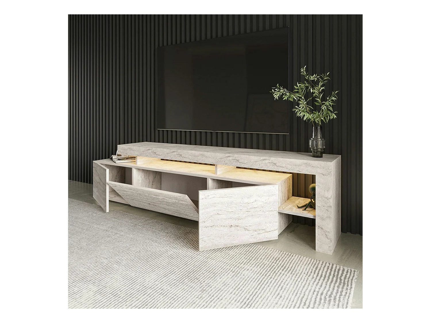 Meuble TV design effet travertin - 3 portes, niches MARFA