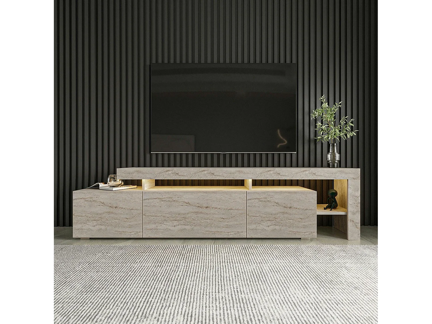 Meuble TV design effet travertin - 3 portes, niches MARFA