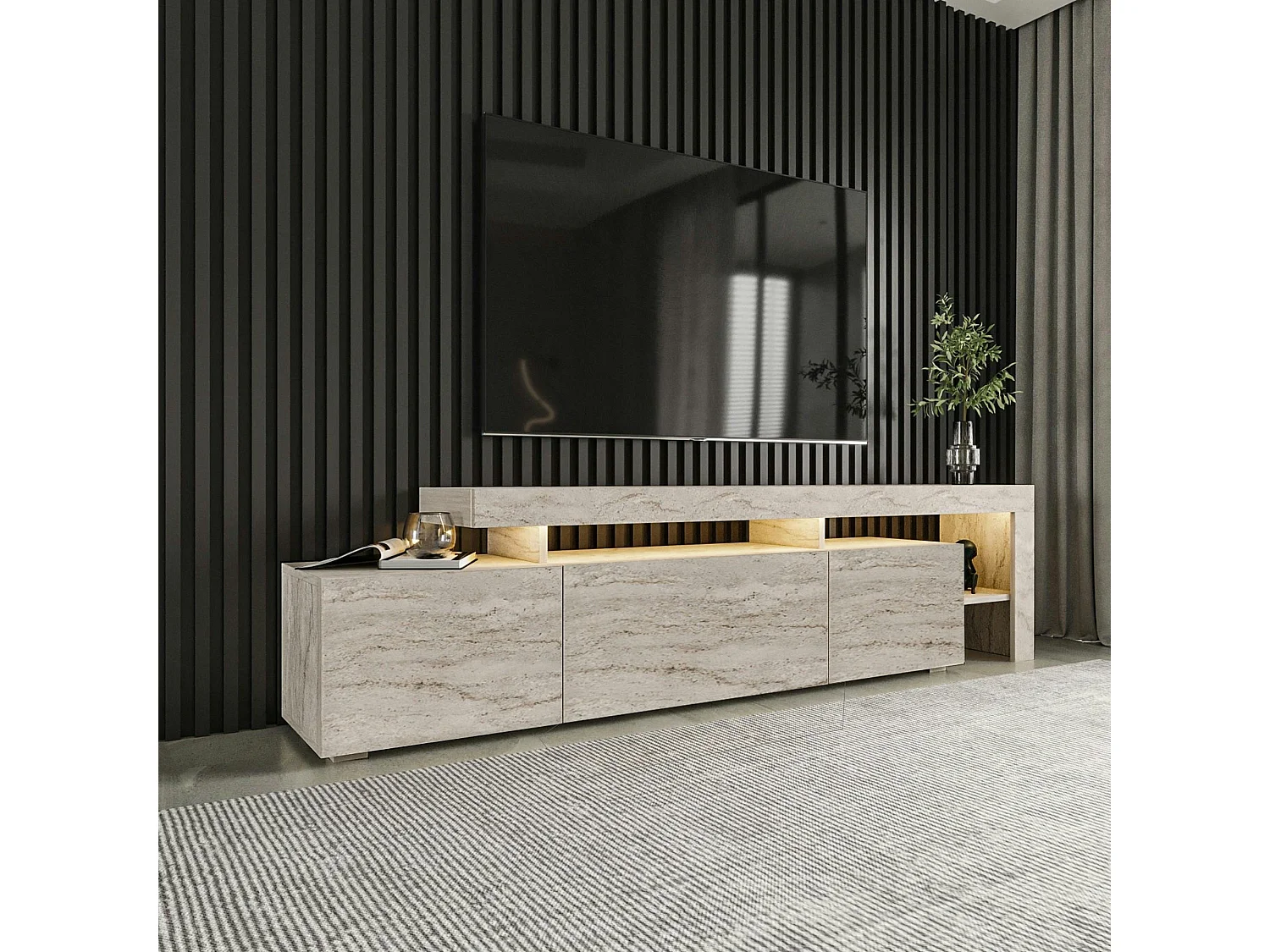 Meuble TV design effet travertin - 3 portes, niches MARFA