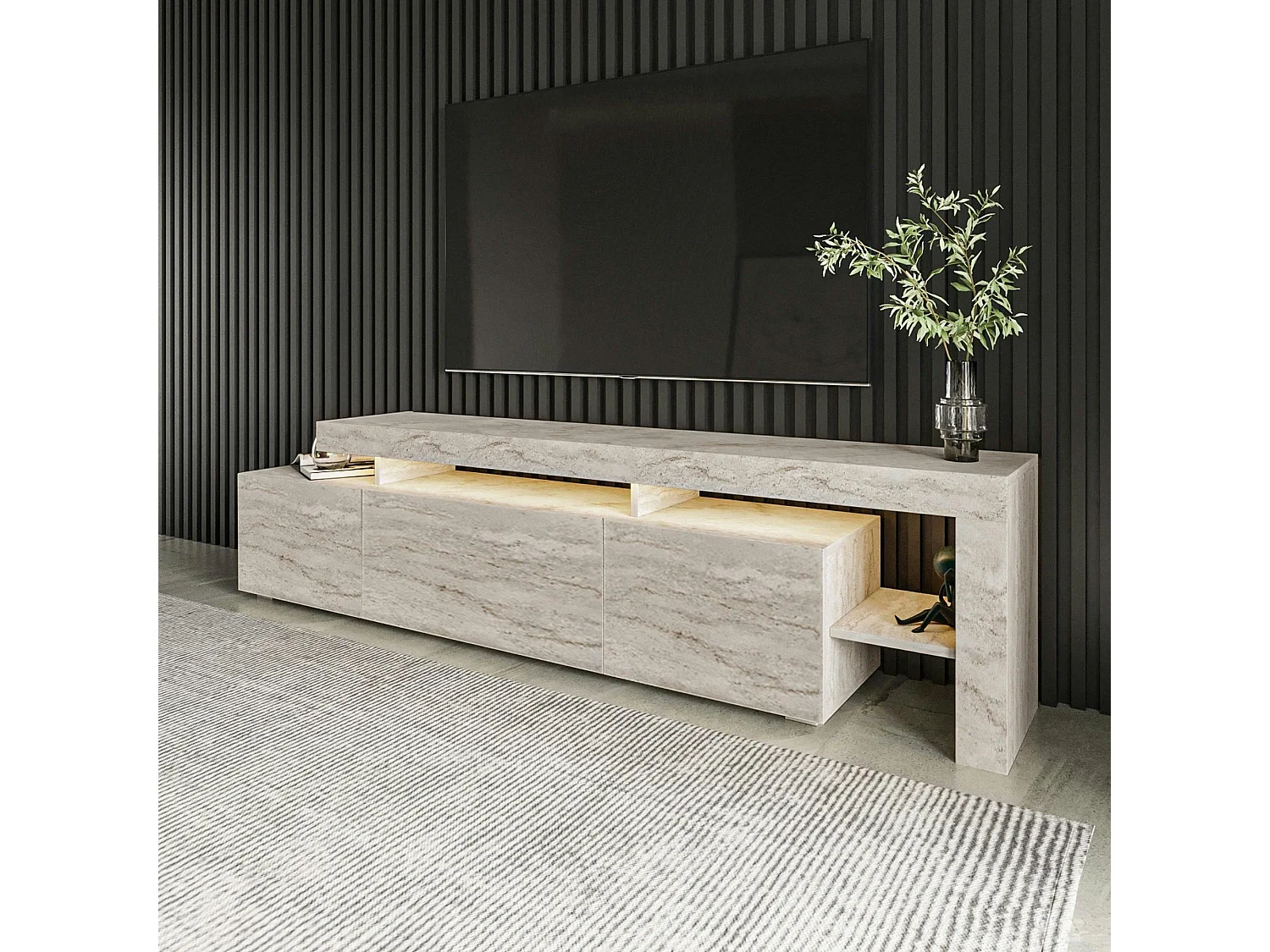 Meuble TV design effet travertin - 3 portes, niches MARFA