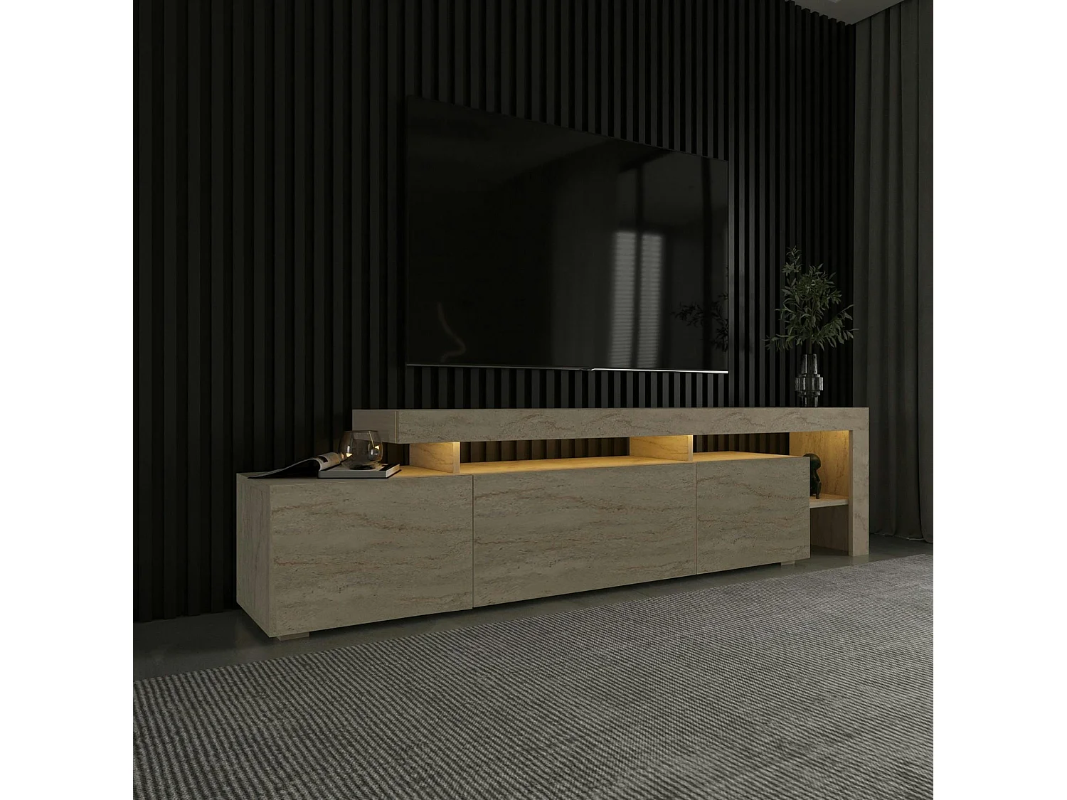 Meuble TV design effet travertin - 3 portes, niches MARFA