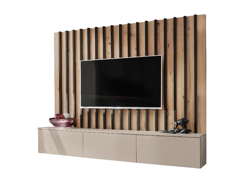 Composição de parede TASHYA – Móvel para TV e painel de parede – Carvalho Artesão e branco areia