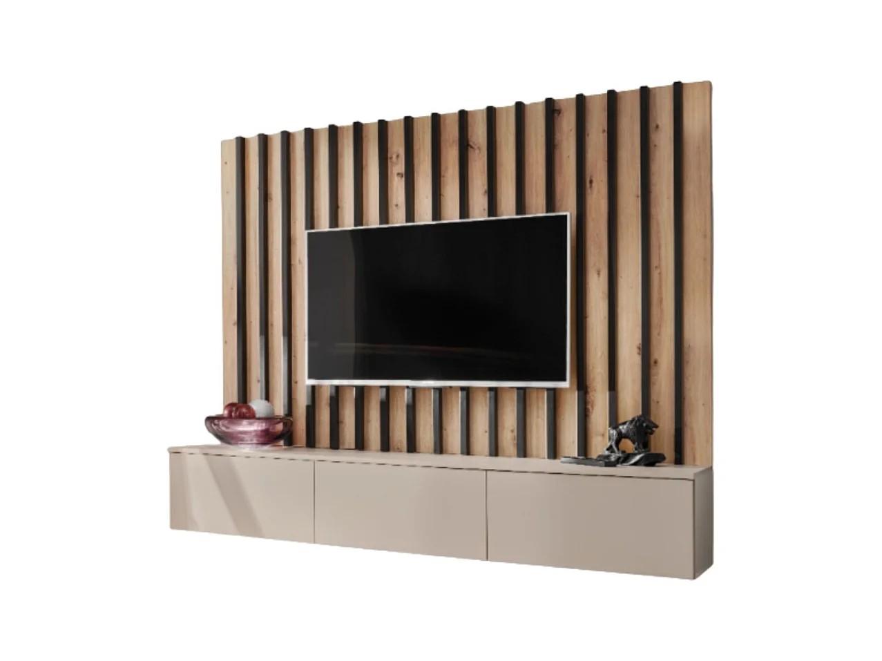 Composición mural TASHYA – Mueble para TV y panel mural – Roble Artesano y blanco arena