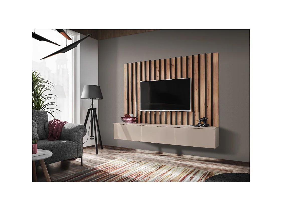 Composición mural TASHYA – Mueble para TV y panel mural – Roble Artesano y blanco arena