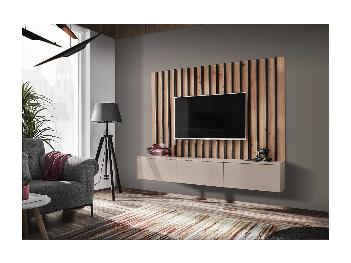 Composición mural TASHYA – Mueble para TV y panel mural – Roble Artesano y blanco arena