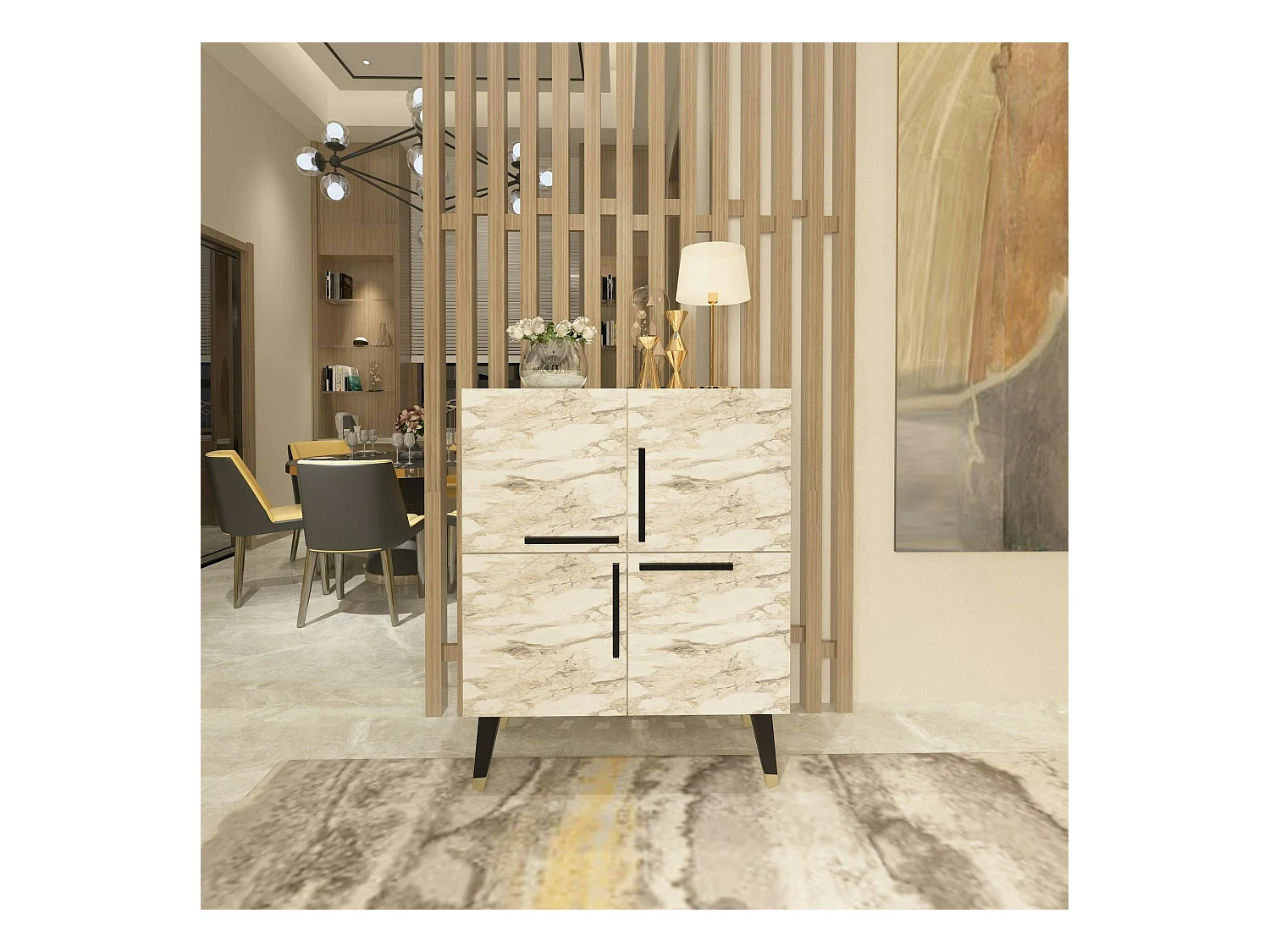 Buffet haut moderne effet marbre beige - 4 portes JENA