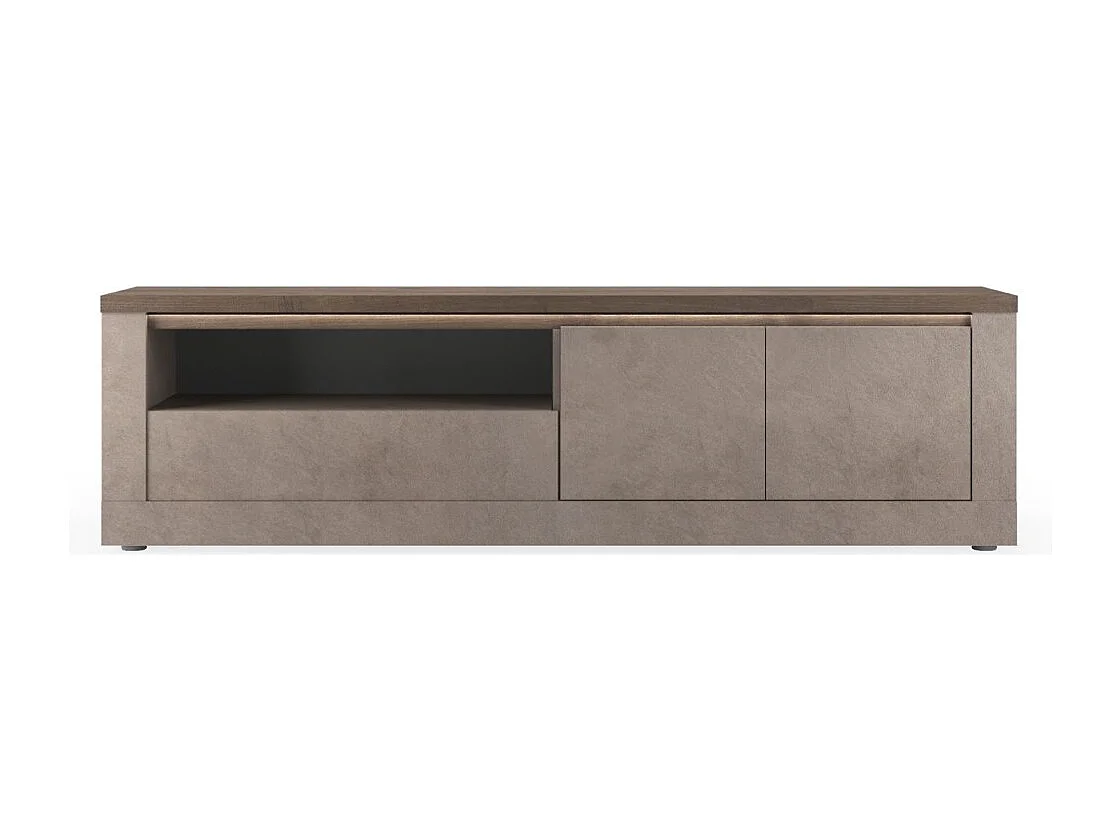 Mueble de TV SASHA – 2 puertas, 1 cajón y 1 nicho con LED – Bronce y tapa de madera Mercurio
