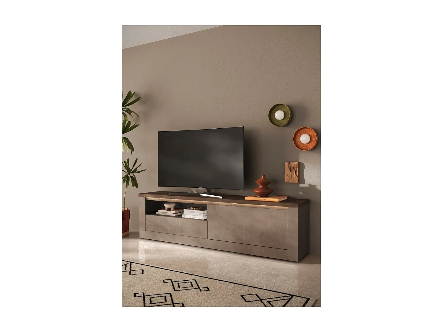 Mueble de TV SASHA – 2 puertas, 1 cajón y 1 nicho con LED – Bronce y tapa de madera Mercurio