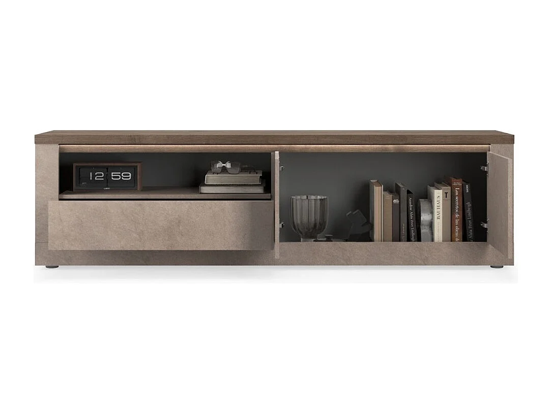 Mueble de TV SASHA – 2 puertas, 1 cajón y 1 nicho con LED – Bronce y tapa de madera Mercurio