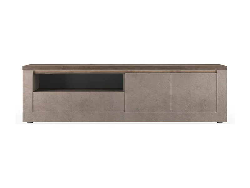 Mueble de TV SASHA – 2 puertas, 1 cajón y 1 nicho con LED – Bronce y tapa de madera Mercurio