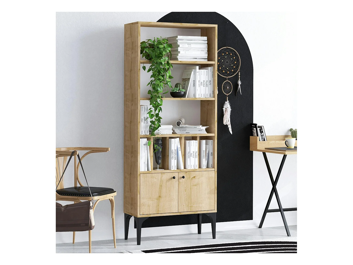 Bibliothèque moderne effet bois clair - séparateurs livres JENA