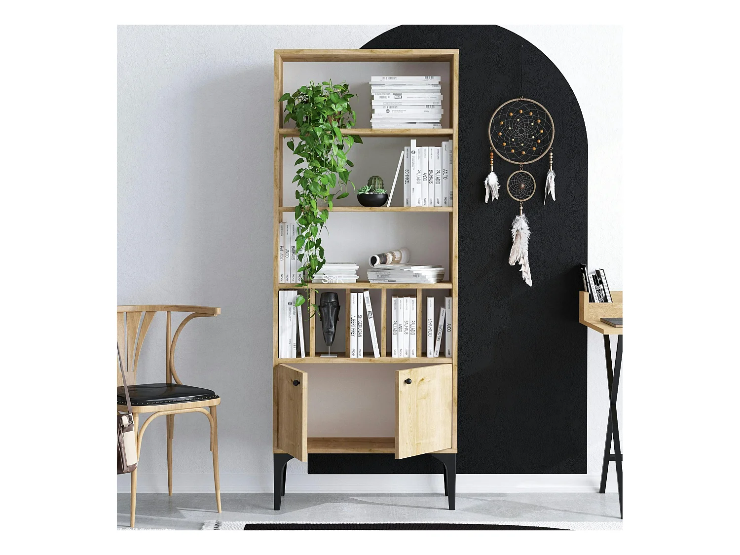 Bibliothèque moderne effet bois clair - séparateurs livres JENA