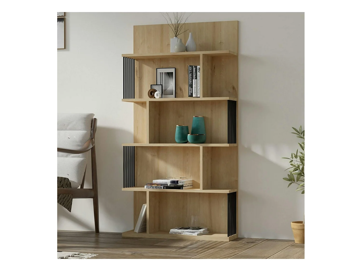 Bibliothèque design effet bois clair niches asymétriques UMEA