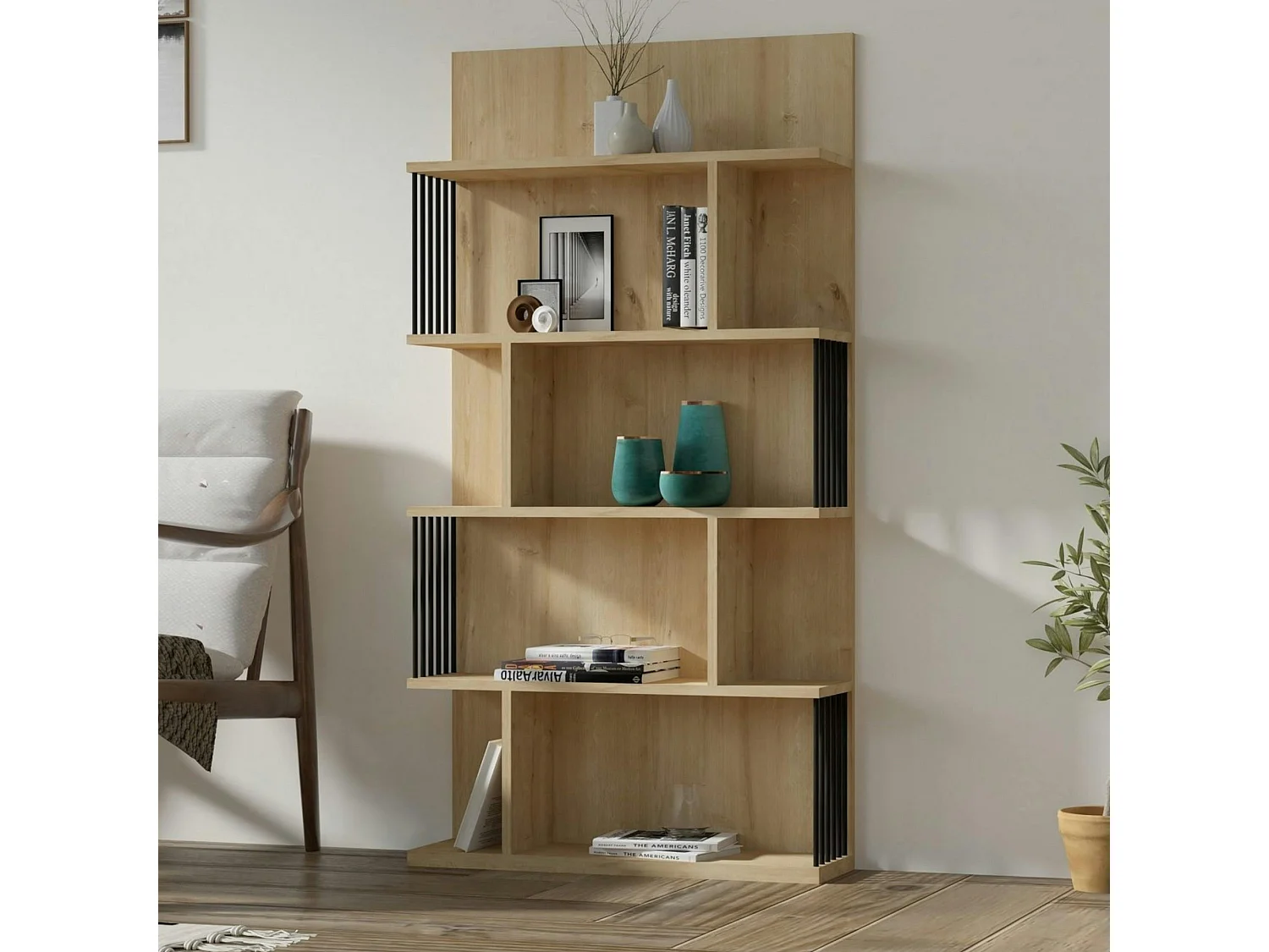 Bibliothèque design effet bois clair niches asymétriques UMEA