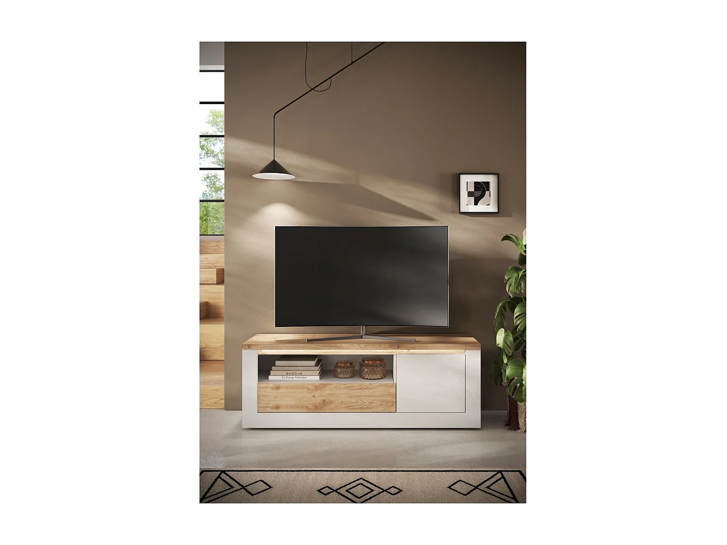 Mueble para TV SASHA - 1 puerta, 1 cajón y 1 compartimento abierto con LED - Blanco lacado y roble Cadiz