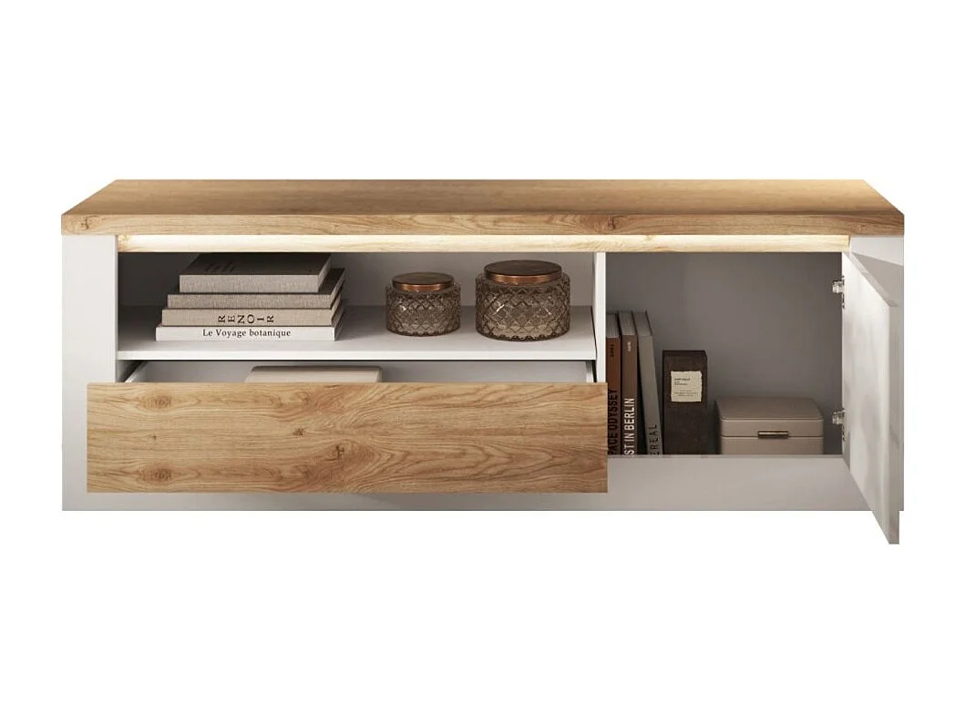 Mueble para TV SASHA - 1 puerta, 1 cajón y 1 compartimento abierto con LED - Blanco lacado y roble Cadiz