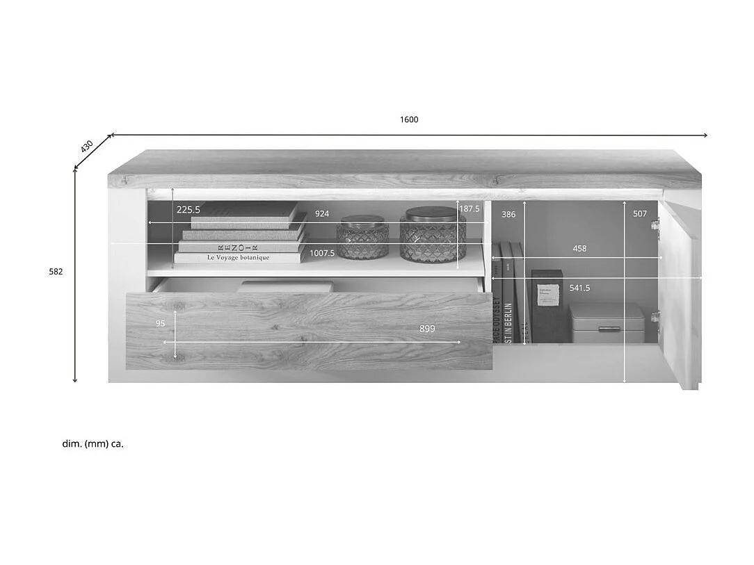 Mueble para TV SASHA - 1 puerta, 1 cajón y 1 compartimento abierto con LED - Blanco lacado y roble Cadiz