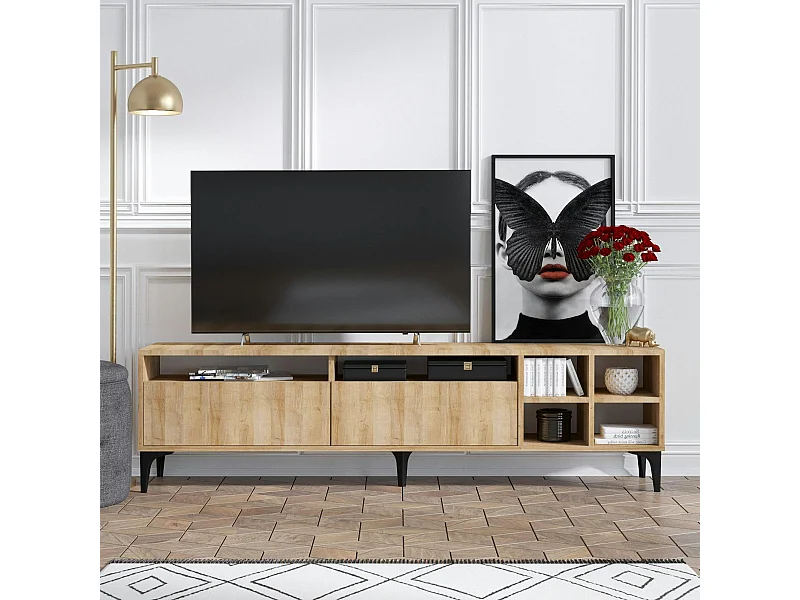 Banc TV avec rangement effet bois clair - 2 portes, 180 cm JENA