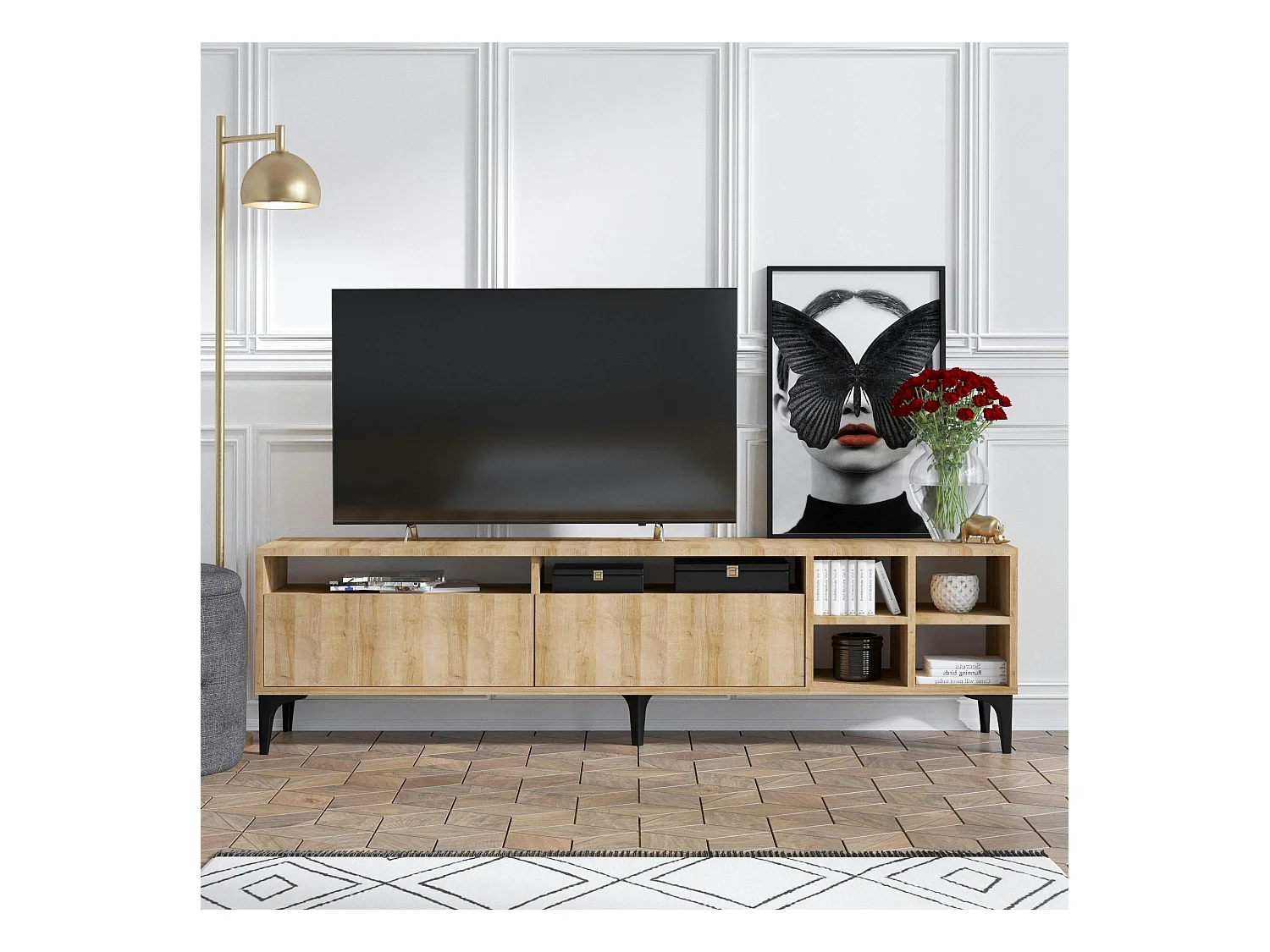 Banc TV avec rangement effet bois clair - 2 portes, 180 cm JENA