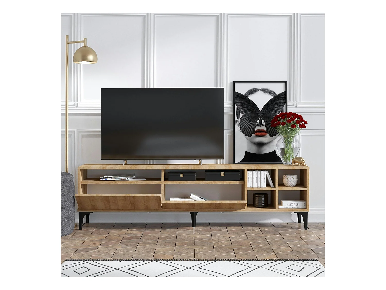 Banc TV avec rangement effet bois clair - 2 portes, 180 cm JENA