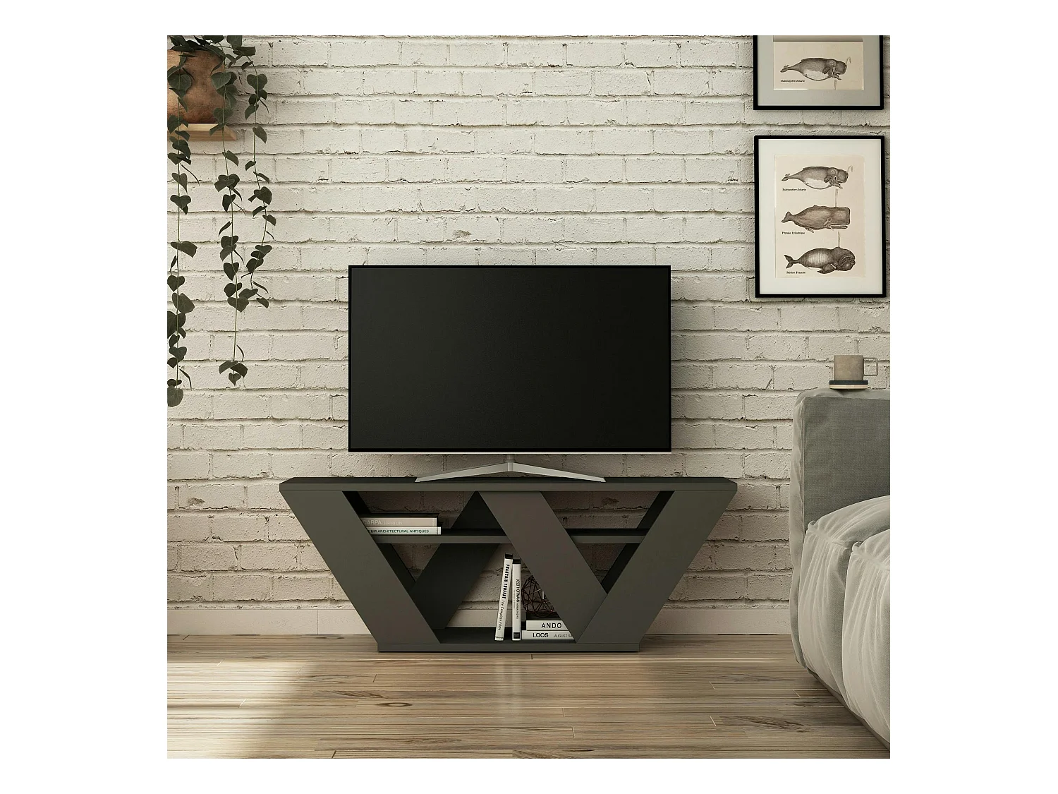 Petit meuble TV gris foncé avec rangement - pied en W MARFA