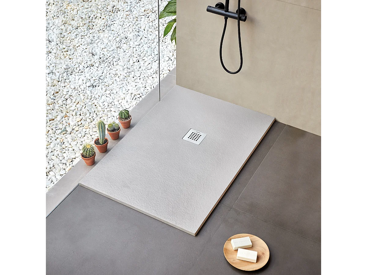 Plato de ducha extraplano STRATO con superficie de pizarra, rectangular, blanco  100 x 120 cm