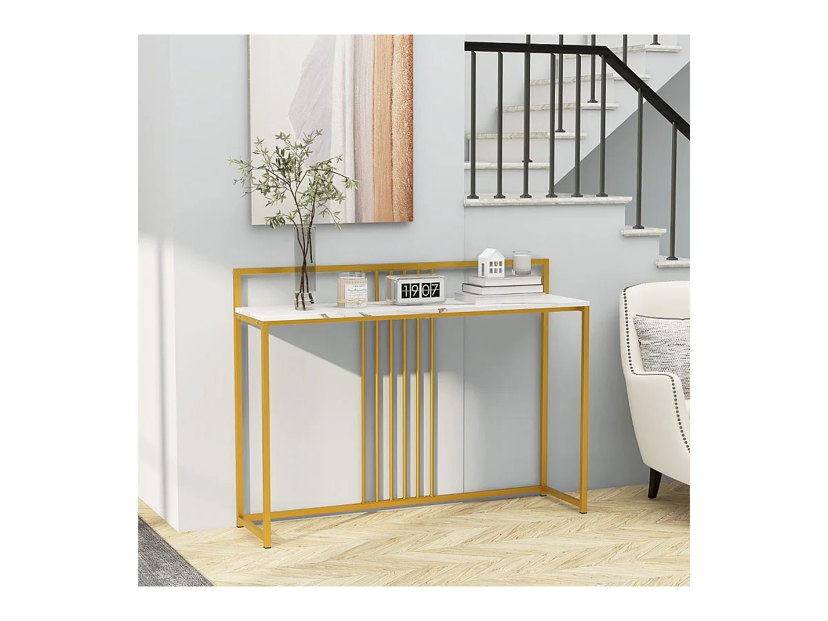 Tavolo da ingresso lungo 120cm, Consolle con piano effetto marmorino sponda struttura in metallo dorato Bianco