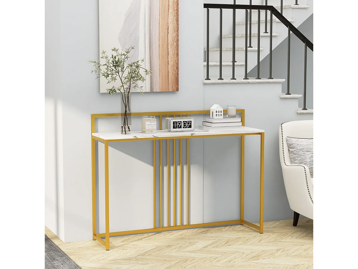 Tavolo da ingresso lungo 120cm, Consolle con piano effetto marmorino sponda struttura in metallo dorato Bianco