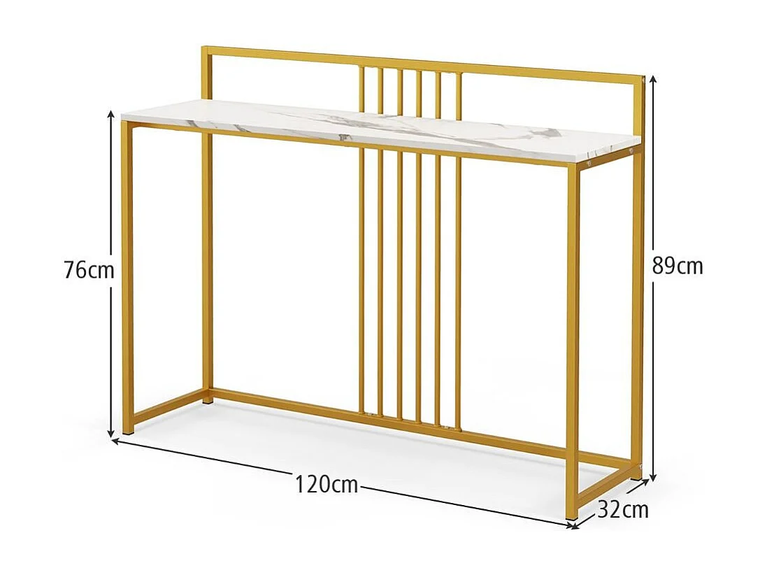 Tavolo da ingresso lungo 120cm, Consolle con piano effetto marmorino sponda struttura in metallo dorato Bianco
