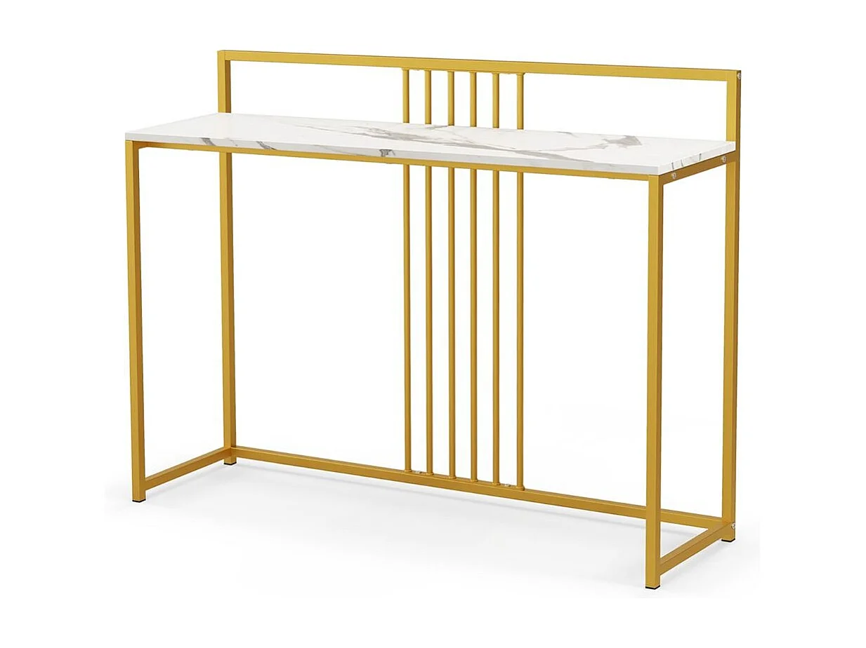 Tavolo da ingresso lungo 120cm, Consolle con piano effetto marmorino sponda struttura in metallo dorato Bianco
