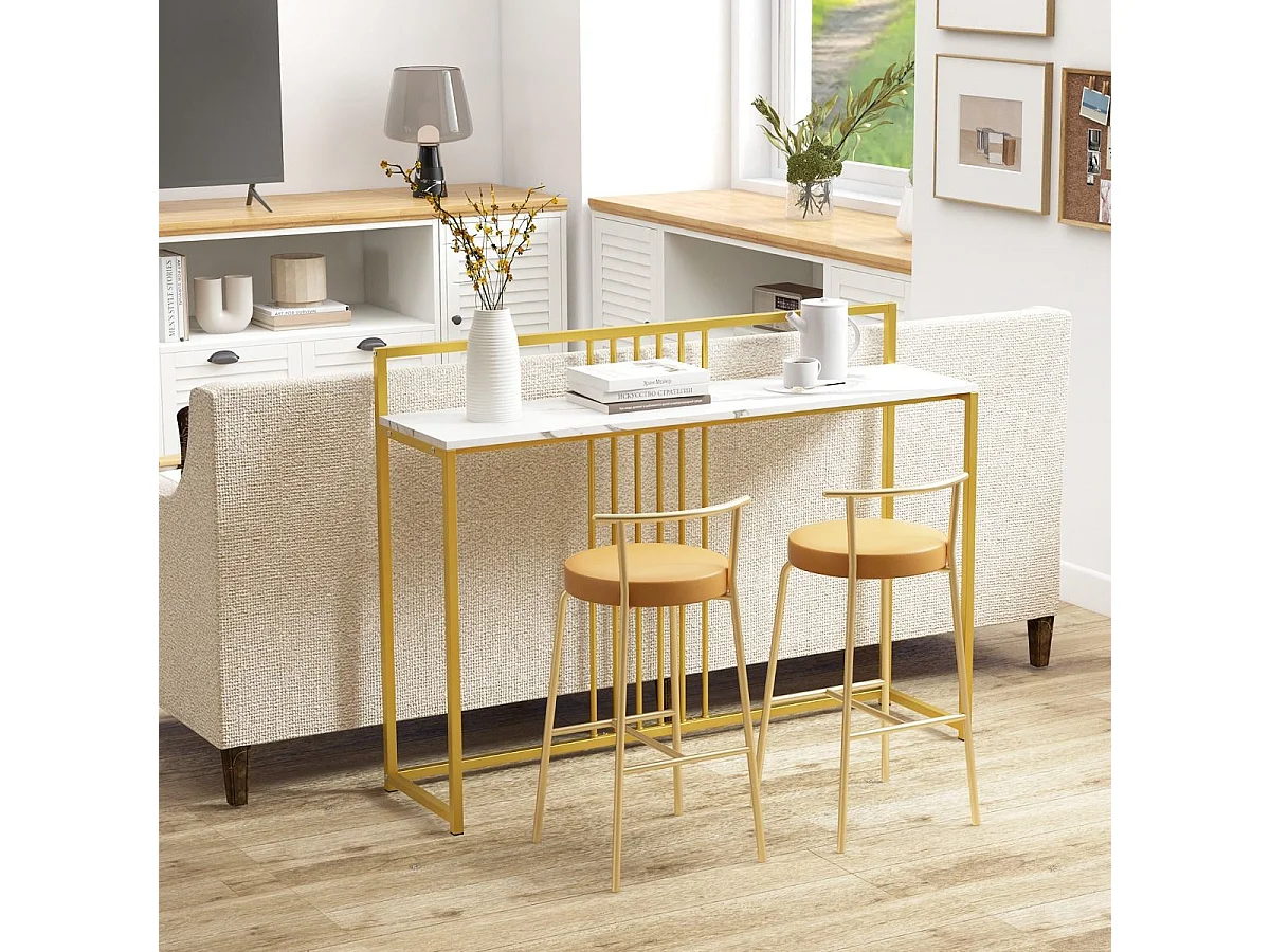 Tavolo da ingresso lungo 120cm, Consolle con piano effetto marmorino sponda struttura in metallo dorato Bianco